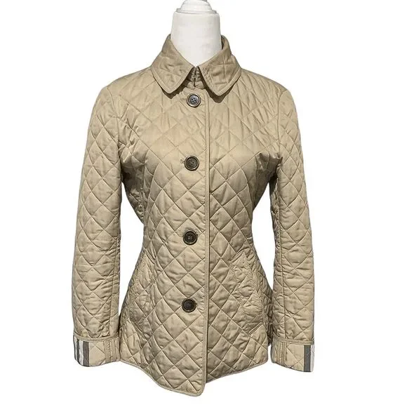 Burberry Brit Women’s Small Beige Quilted Jacket Nova Check Cuffs Classic Coat - Picture 3 of 13